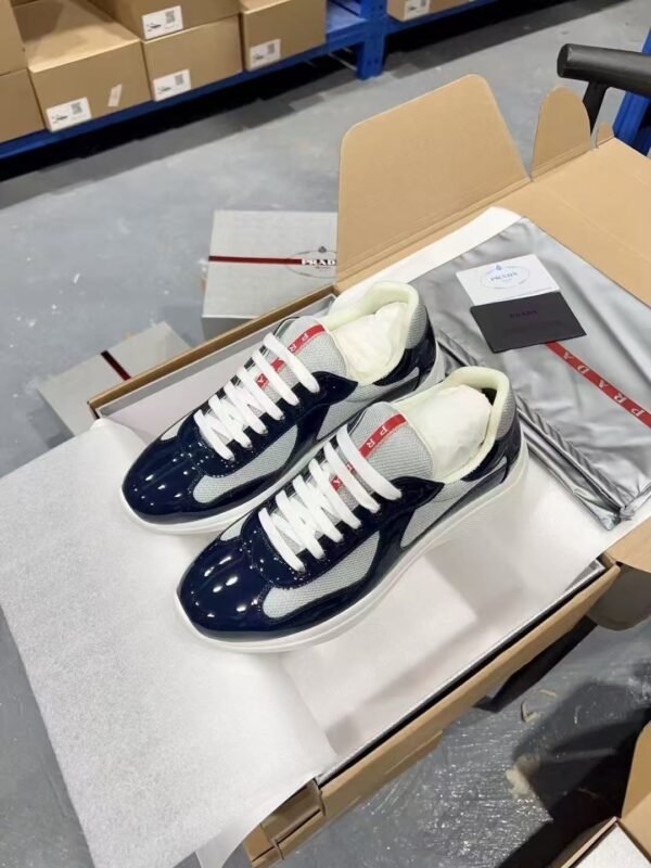 Prada Navy Blue Patent Leather Mesh America's Cup Low-Top Sneakers