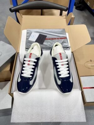 Prada Navy Blue Patent Leather Mesh America's Cup Low-Top Sneakers