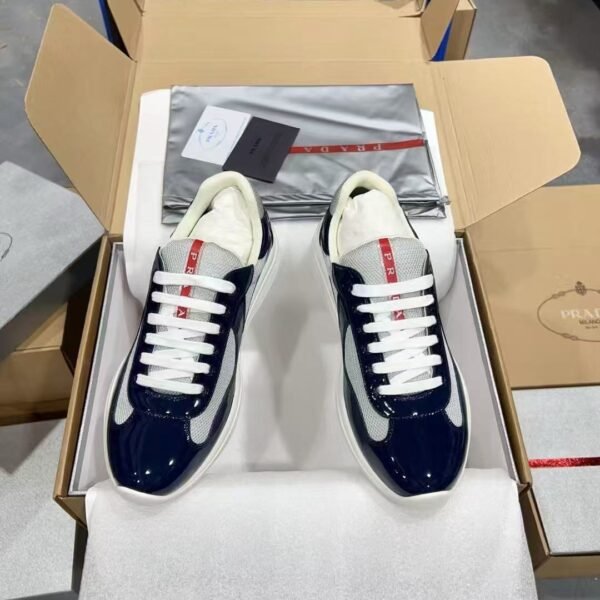 Prada Navy Blue Patent Leather Mesh America's Cup Low-Top Sneakers