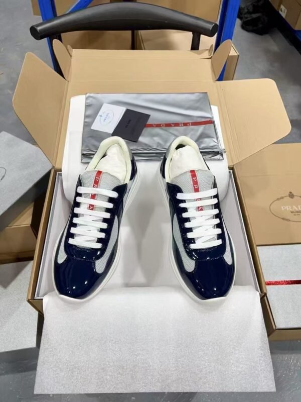 Prada Navy Blue Patent Leather Mesh America's Cup Low-Top Sneakers