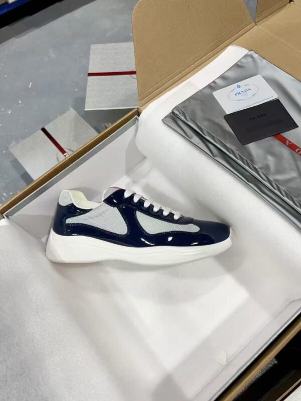 Prada Navy Blue Patent Leather Mesh America's Cup Low-Top Sneakers