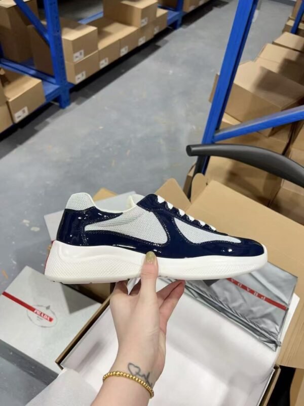 Prada Navy Blue Patent Leather Mesh America's Cup Low-Top Sneakers