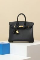 Classic Black Leather Top-Handle Tote Bag 25cm – Elegant Women's Handbag with Gold Lock & Key