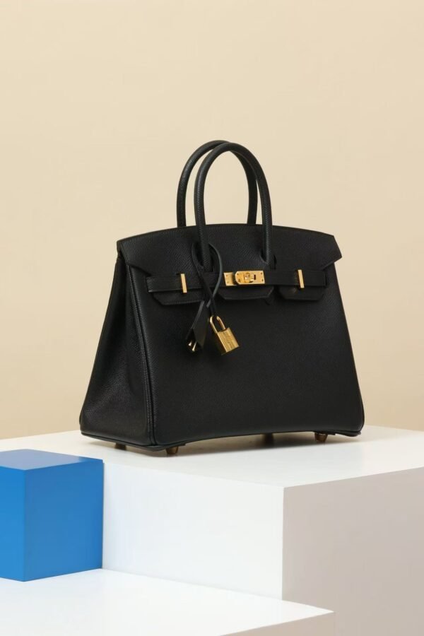 Classic Black Leather Top-Handle Tote Bag 25cm – Elegant Women's Handbag with Gold Lock & Key