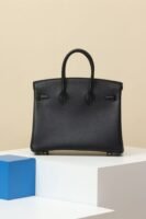 Classic Black Leather Top-Handle Tote Bag 25cm – Elegant Women's Handbag with Gold Lock & Key