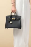 Classic Black Leather Top-Handle Tote Bag 25cm – Elegant Women's Handbag with Gold Lock & Key