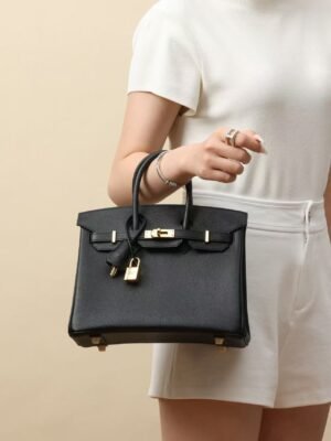Classic Black Leather Top-Handle Tote Bag 25cm – Elegant Women's Handbag with Gold Lock & Key