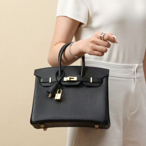 Classic Black Leather Top-Handle Tote Bag 25cm – Elegant Women's Handbag with Gold Lock & Key