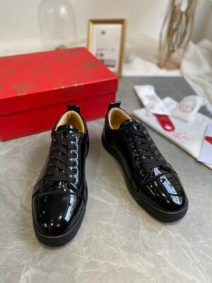 Men's & Women's Black Patent Leather Low-Top Sneakers - Premium Calfskin Lined Lace-Up Casual Shoes