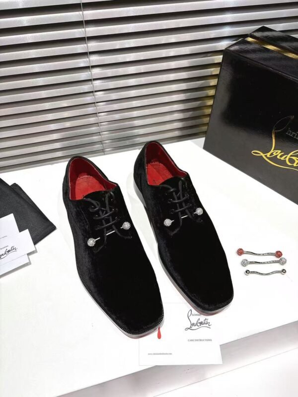 Men's Black Velvet Derby Shoes with Removable Strass Pin & Red Leather Sole