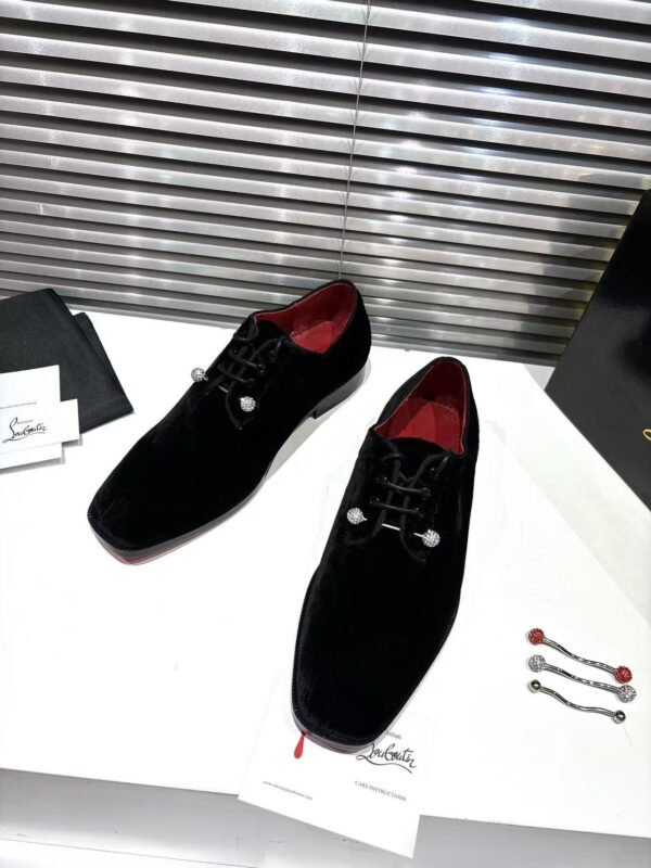 Men's Black Velvet Derby Shoes with Removable Strass Pin & Red Leather Sole