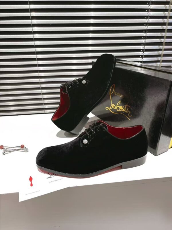 Men's Black Velvet Derby Shoes with Removable Strass Pin & Red Leather Sole