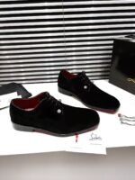 Men's Black Velvet Derby Shoes with Removable Strass Pin & Red Leather Sole