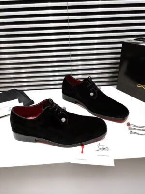 Men's Black Velvet Derby Shoes with Removable Strass Pin & Red Leather Sole