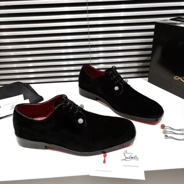 Men's Black Velvet Derby Shoes with Removable Strass Pin & Red Leather Sole