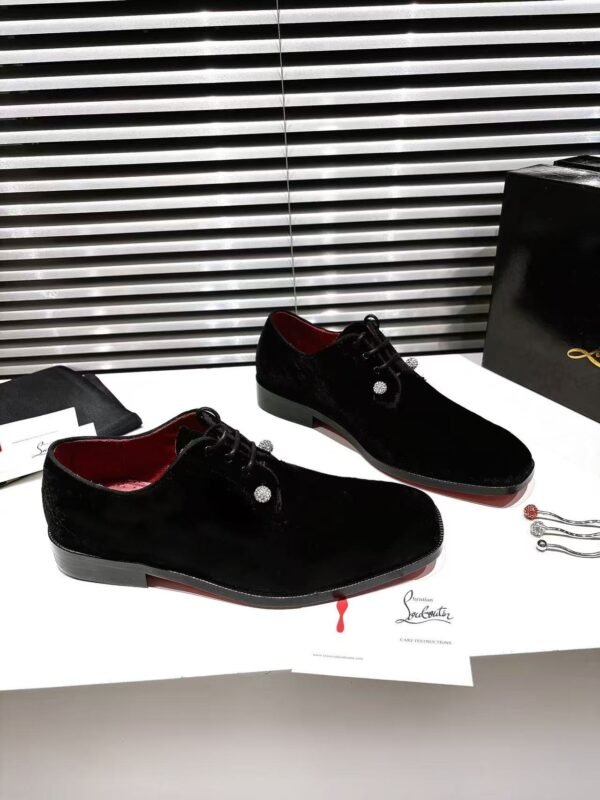 Men's Black Velvet Derby Shoes with Removable Strass Pin & Red Leather Sole