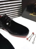 Men's Black Velvet Derby Shoes with Removable Strass Pin & Red Leather Sole