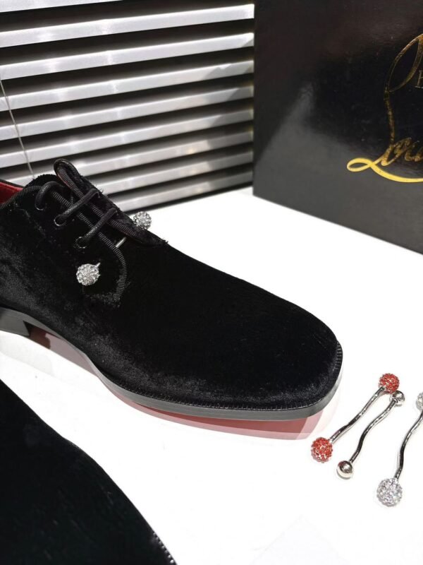 Men's Black Velvet Derby Shoes with Removable Strass Pin & Red Leather Sole
