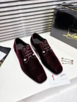 Men's Wine Red Velvet Derby Shoes with Crystal Pins & Red Leather Sole