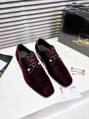 Men's Wine Red Velvet Derby Shoes with Crystal Pins & Red Leather Sole