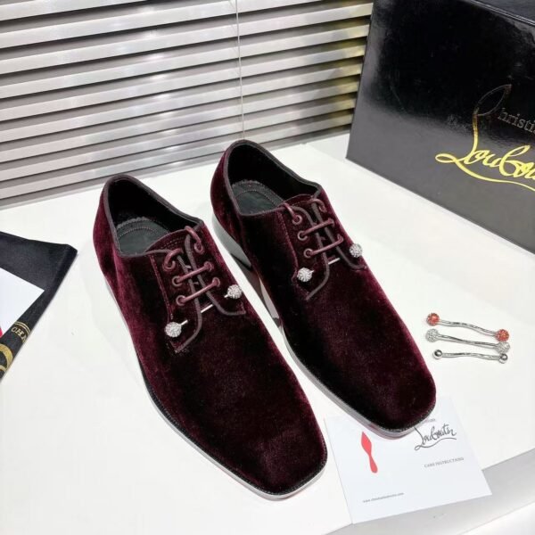 Men's Wine Red Velvet Derby Shoes with Crystal Pins & Red Leather Sole