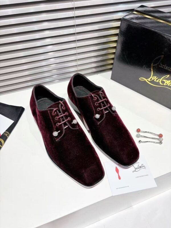Men's Wine Red Velvet Derby Shoes with Crystal Pins & Red Leather Sole