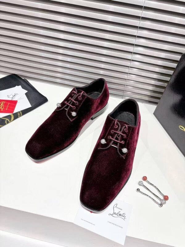 Men's Wine Red Velvet Derby Shoes with Crystal Pins & Red Leather Sole