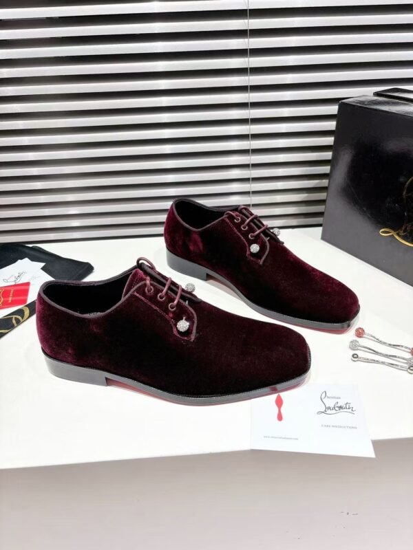Men's Wine Red Velvet Derby Shoes with Crystal Pins & Red Leather Sole