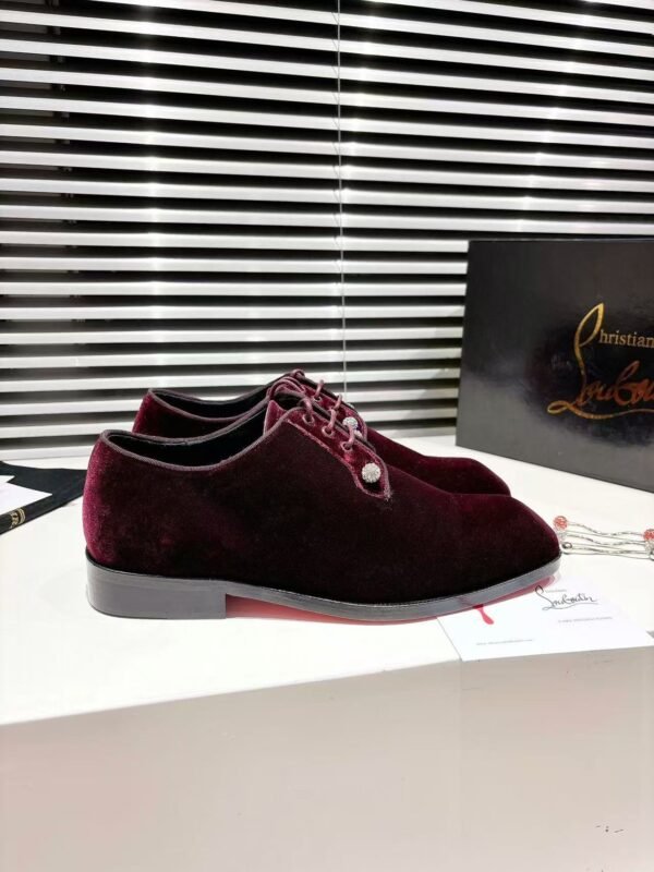 Men's Wine Red Velvet Derby Shoes with Crystal Pins & Red Leather Sole