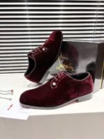 Men's Wine Red Velvet Derby Shoes with Crystal Pins & Red Leather Sole