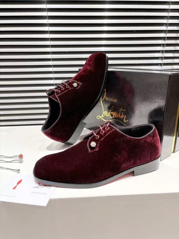 Men's Wine Red Velvet Derby Shoes with Crystal Pins & Red Leather Sole