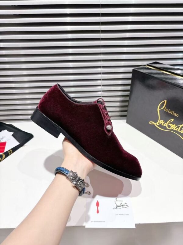 Men's Wine Red Velvet Derby Shoes with Crystal Pins & Red Leather Sole