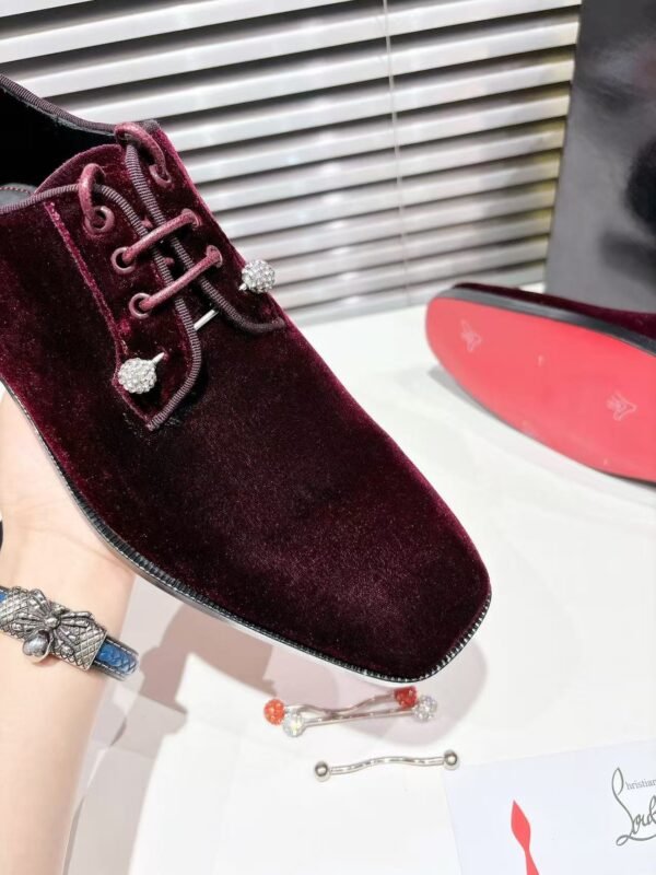 Men's Wine Red Velvet Derby Shoes with Crystal Pins & Red Leather Sole