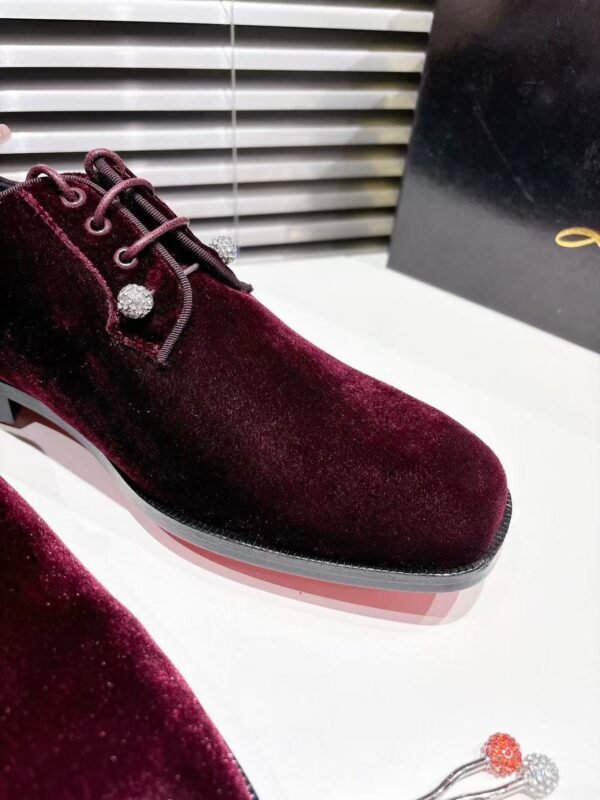 Men's Wine Red Velvet Derby Shoes with Crystal Pins & Red Leather Sole