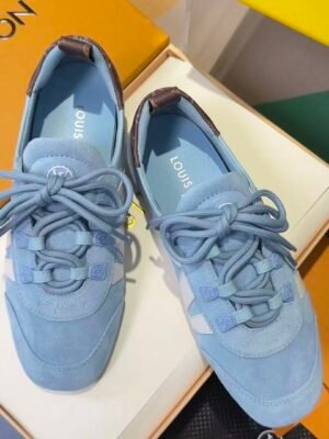 Women's Denim Blue Ballet Sneakers - Premium Suede Trim Lace Up Flat Shoes with Flower Charms