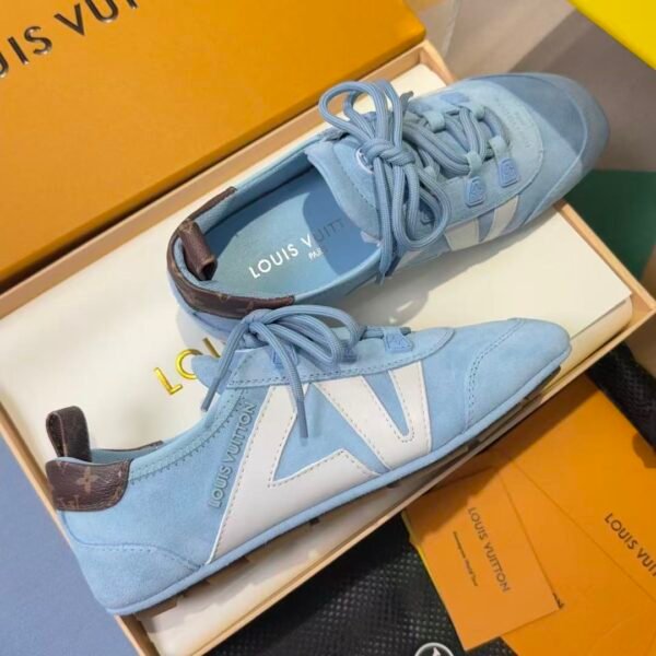 Women's Denim Blue Ballet Sneakers - Premium Suede Trim Lace Up Flat Shoes with Flower Charms