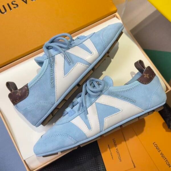 Women's Denim Blue Ballet Sneakers - Premium Suede Trim Lace Up Flat Shoes with Flower Charms