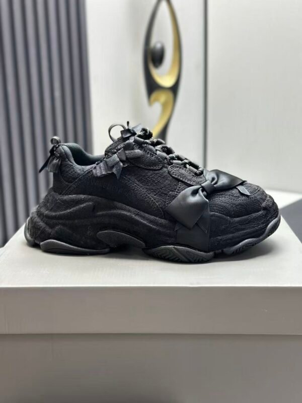 Triple Black Ribbon Chunky Sneakers - Dark Aesthetic Bow Tie Washed Platform Trainers