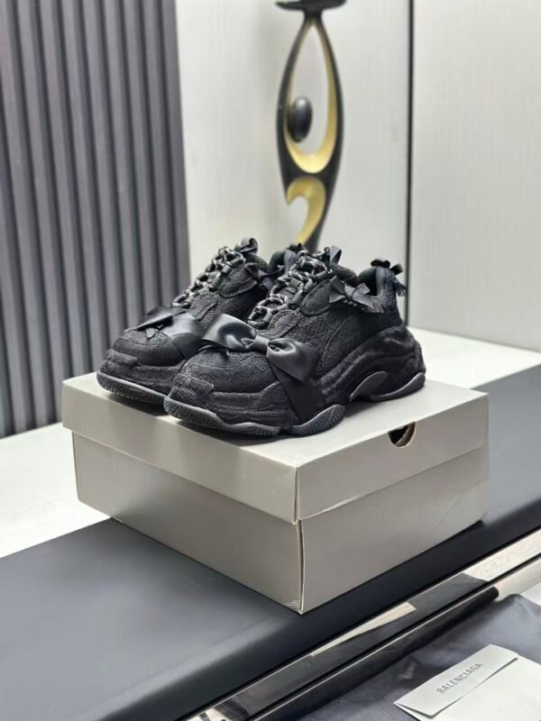 Triple Black Ribbon Chunky Sneakers - Dark Aesthetic Bow Tie Washed Platform Trainers