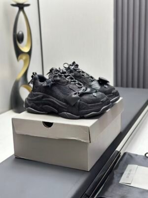 Triple Black Ribbon Chunky Sneakers - Dark Aesthetic Bow Tie Washed Platform Trainers