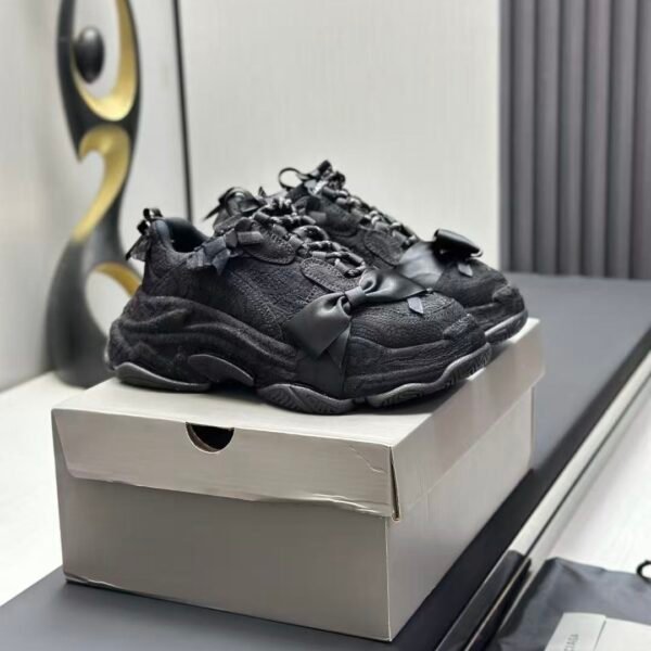 Triple Black Ribbon Chunky Sneakers - Dark Aesthetic Bow Tie Washed Platform Trainers