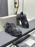 Triple Black Ribbon Chunky Sneakers - Dark Aesthetic Bow Tie Washed Platform Trainers