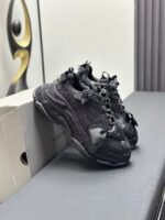 Triple Black Ribbon Chunky Sneakers - Dark Aesthetic Bow Tie Washed Platform Trainers