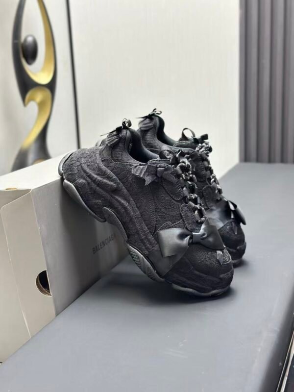 Triple Black Ribbon Chunky Sneakers - Dark Aesthetic Bow Tie Washed Platform Trainers