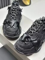 Triple Black Ribbon Chunky Sneakers - Dark Aesthetic Bow Tie Washed Platform Trainers
