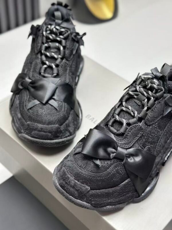 Triple Black Ribbon Chunky Sneakers - Dark Aesthetic Bow Tie Washed Platform Trainers