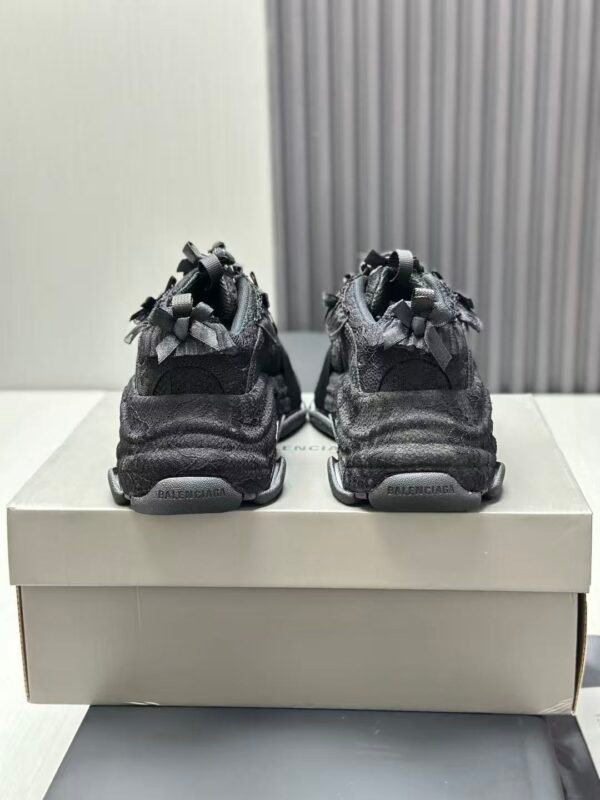 Triple Black Ribbon Chunky Sneakers - Dark Aesthetic Bow Tie Washed Platform Trainers