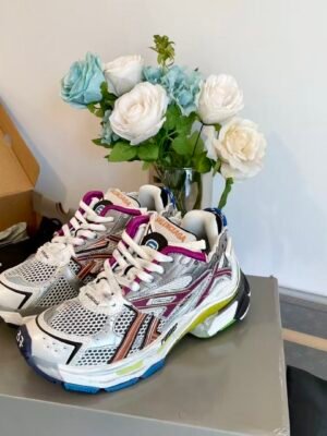 Unisex Chunky Mesh Runner Sneakers - Metallic Silver & Magenta Deconstructed Vintage Retro Platform Shoes