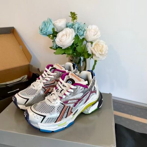 Unisex Chunky Mesh Runner Sneakers - Metallic Silver & Magenta Deconstructed Vintage Retro Platform Shoes