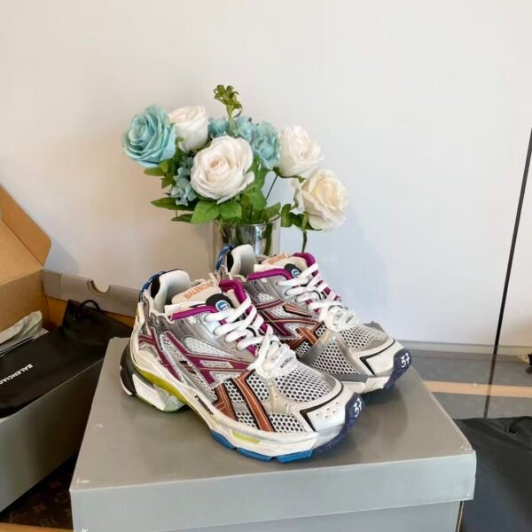 Unisex Chunky Mesh Runner Sneakers - Metallic Silver & Magenta Deconstructed Vintage Retro Platform Shoes